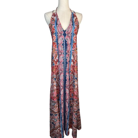 NEW Bohemian Paisley Halter Maxi Dress Open Back & Adjustable Ties - Picture 8 of 10